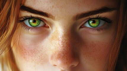 Fototapeta premium Close-up portrait of a young woman with freckles and green eyes. illustration