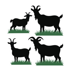  set vector various goat, goat in the grass silhouette