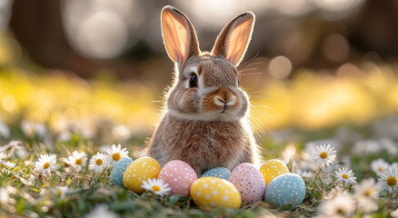 Cute bunny sits among Easter eggs looking adorable in grass