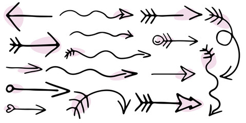set of funny arrows hand drawn with brush black curved lines with pink rounded fill