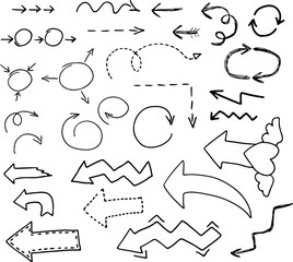 set of arrows hand drawn with brush black curved lines, dotted arrow, growth arrow, arrow with heart, line arrows