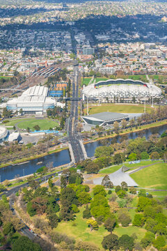 Aerial view of AAMI Park, Olympic Park, Yarra River and the Sidney Myer Music Bowl