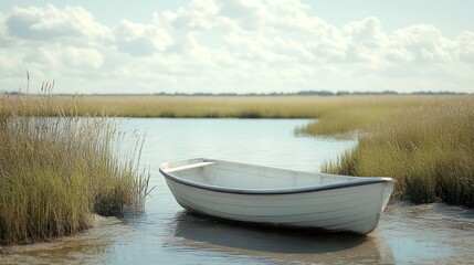 Serene Coastal Landscape: A White Rowboat at Rest