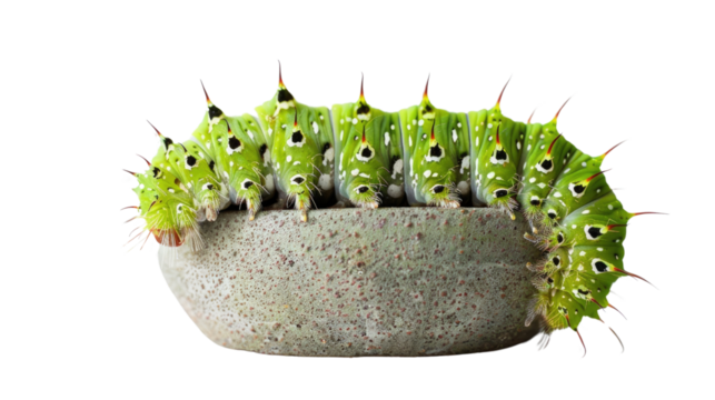 Caterpillar in Stone Bowl: A vibrant green caterpillar rests serenely within a small stone bowl, showcasing its segmented body and intricate patterns. Captured in sharp detail.