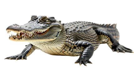 Naklejka premium The Allure of the Apex Predator: A striking studio portrait of a powerful caiman, showcasing its formidable jaws, textured skin, and the raw essence of the untamed wilderness.