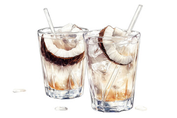 Refreshing Coconut Water With Ice In Elegant Glasses, A Perfect Summer Thirst Quencher With Clear Straws And Subtle Water Droplets Isolated on Transparent Background