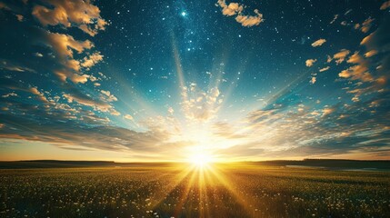 Majestic sunrise over a vibrant meadow, with dramatic clouds and twinkling stars in the background