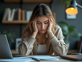 Tired woman working at desk, exhausted office worker, stress concept, burnout lifestyle, focused but fatigued