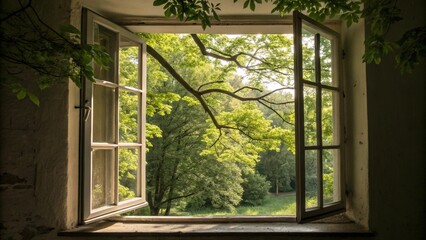 Fototapeta premium Window to forest, highlighting the nature and escape theme. 