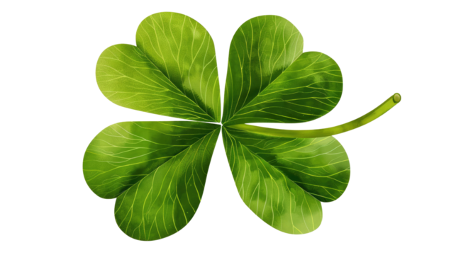 Good Luck's Emblem: An isolated, photorealistic close-up of a lucky four-leaf clover, showcasing its vibrant green hues and intricate leaf details.