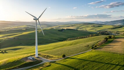 Wind turbine on hills, highlighting the energy and environment theme.
