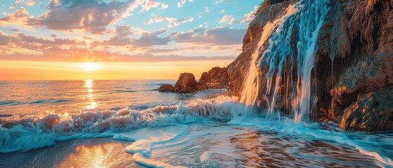 Serene sunset over a rocky coastline with cascading waterfall and gentle ocean waves, peaceful atmosphere