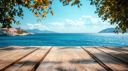 Summer Seascape: Wooden Deck Overlooking Serene Ocean