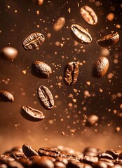 Roasted coffee beans are suspended in the air with particles