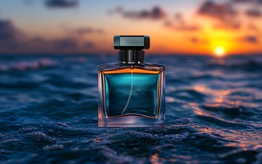 Perfume bottle, sunset, ocean waves