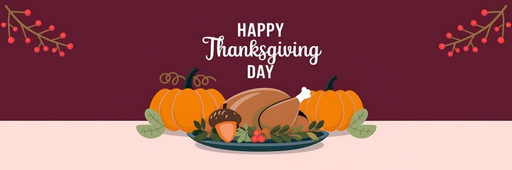 Festive Thanksgiving scene with a roasted turkey adorned with an acorn surrounded by green leaves two pumpkins and 'Happy Thanksgiving Day' text on a maroon background with red berries in the corner