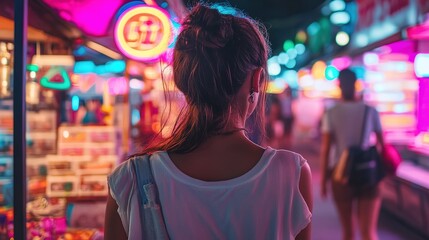 A high-tech summer street market glowing with neon signs.