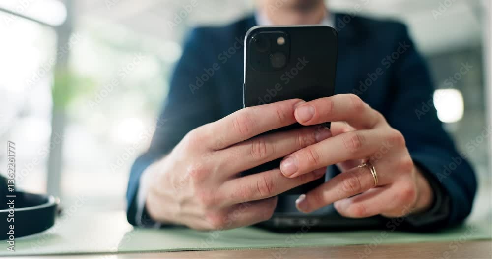 Poster Business man, hands or scroll with phone in office for online database search or check research information. Call center agent, closeup or smartphone for text message, checking notifications or break