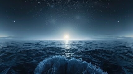 Serene night seascape with moonlit waves under a starry sky, evoking tranquility and reflection