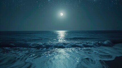 Serene night seascape with a bright moon illuminating gentle waves under a starry sky
