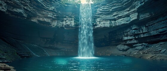 Majestic waterfall cascading into a serene pool surrounded by rocky cliffs and lush greenery