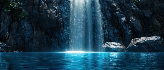 Serene waterfall cascading into a tranquil pool surrounded by rocky cliffs and lush greenery