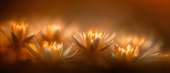 Serene close-up of glowing water lilies in soft focus, creating a tranquil atmosphere at dusk
