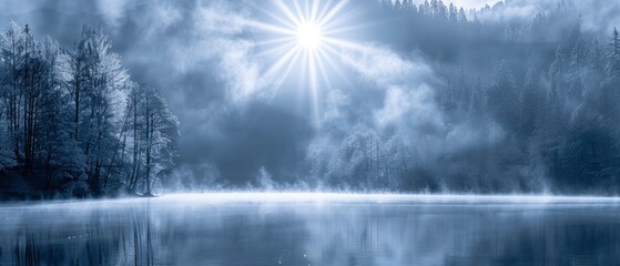 Serene winter landscape with mist over a tranquil lake, illuminated by a radiant sun in the background