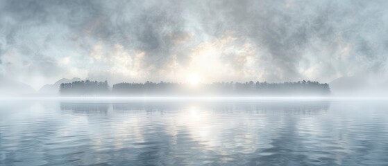 Serene landscape with misty lake reflecting the soft glow of sunrise behind distant mountains