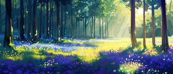 Serene forest landscape with vibrant wildflowers under soft sunlight, creating a tranquil atmosphere