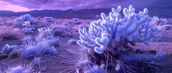 Vibrant desert landscape featuring unique cacti under a dramatic purple sky at dusk
