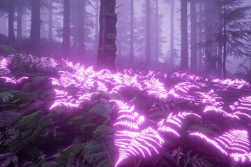Enchanted forest scene with glowing ferns under misty trees, creating a mystical atmosphere
