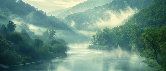 Serene morning mist over a tranquil river, surrounded by lush greenery and distant hills at dawn