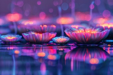 Beautiful illuminated water lilies floating on a serene pond at twilight, with vibrant reflections