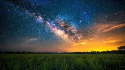 Stunning night sky filled with stars and the Milky Way over a serene green field at dusk