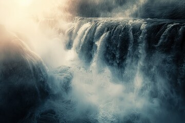 Majestic waterfall cascading through rocky cliffs, shrouded in mist, with sunlight filtering through clouds
