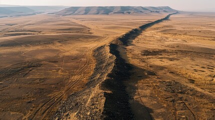 Aerial view of a rugged desert landscape showcasing a prominent geological fissure and distant hills
