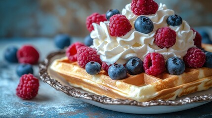 Delicious waffle topped with whipped cream, raspberries, and blueberries