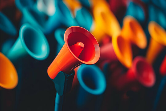Close‑up of colorful plastic vuvuzelas arranged tightly, highlighting playful celebration, sports fan culture, and vibrant party mood.