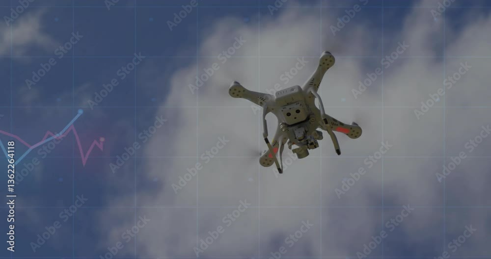 Poster drone flying over clouds with data graph animation in background