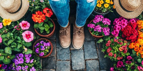 Feet wearing floral shoes standing among blooming flowers with scattered petals in colorful backyard garden captured in downward perspective composition