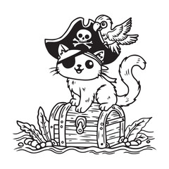 Pirate cat sitting on a treasure chest. Black and white vector illustration to colour.
