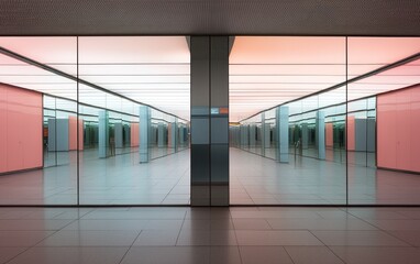 Abstract image of a long corridor with reflective surfaces, showing soft pink and teal colors.  The symmetrical perspective creates a sense of depth and calm