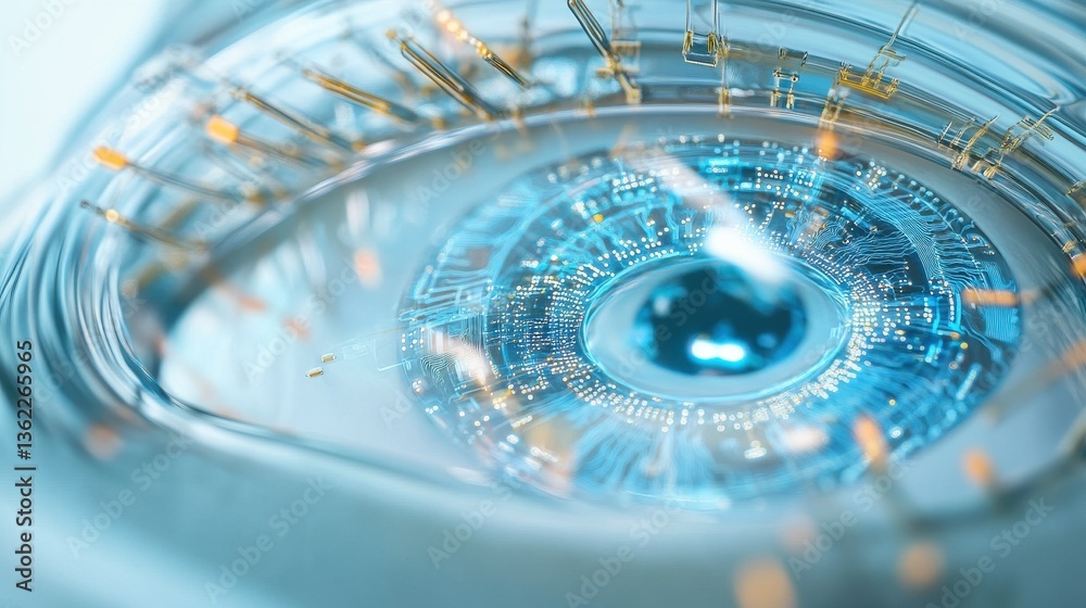 Poster a closeup image displaying the intricate circuitry embedded within a smart contact lens with tiny wi
