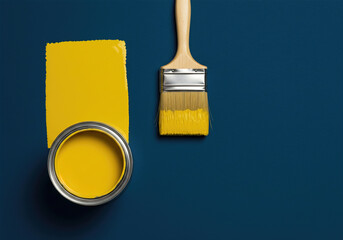 Brush and open can of yellow paint on blue background. Color of the year in interior. Changing colors of the year concept.
