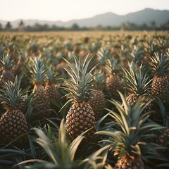 Fototapeta premium A sunlit field displays rows of ripe pineapples ready for harvest