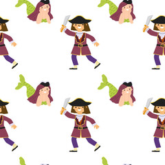 Seamless pattern of cartoon mermaid and pirate characters with swords.