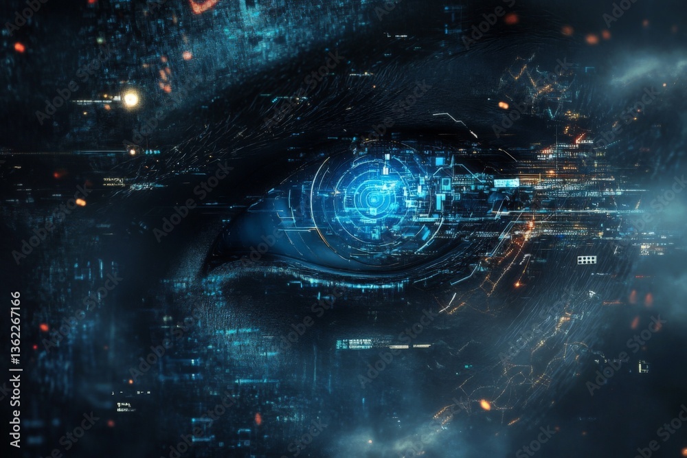 Poster Digital eye with futuristic technology effects in a cybernetic setting showcasing intricate details and vibrant colors