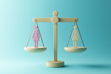 Balance of gender equality represented with pink and blue wooden figures on a scale against a light blue background