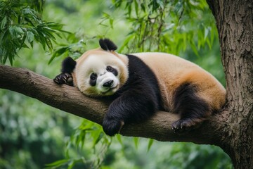 Obraz premium Panda lounging on a tree branch in a lush green environment during the afternoon